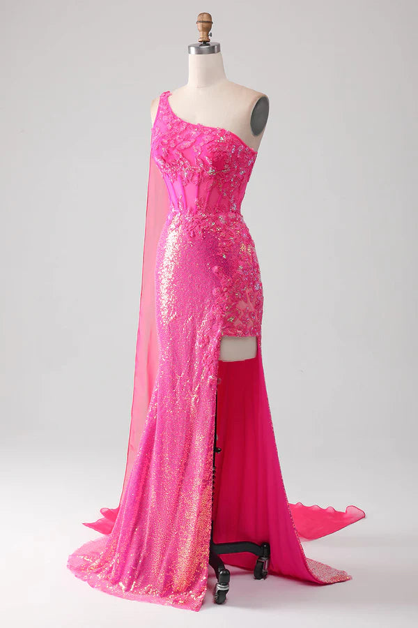 Sparkly Fuchsia Mermaid One Shoulder Appliques Prom Dress With Slit simple gentle atmospheric and unique desi