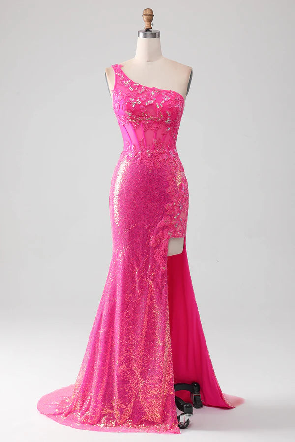 Sparkly Fuchsia Mermaid One Shoulder Appliques Prom Dress With Slit simple gentle atmospheric and unique desi