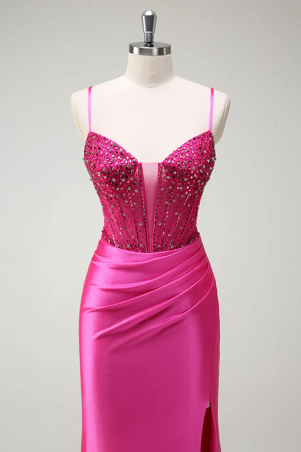 Sparkly Fuchsia Mermaid Spaghetti Straps Beaded Corset Satin Long Prom Dress with Slit simple gentle atmospheric and unique desi Bring summer colors to enhance whiteness