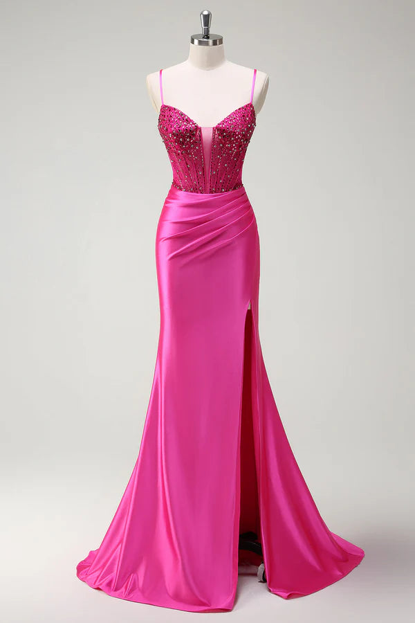 Sparkly Fuchsia Mermaid Spaghetti Straps Beaded Corset Satin Long Prom Dress with Slit simple gentle atmospheric and unique desi Bring summer colors to enhance whiteness