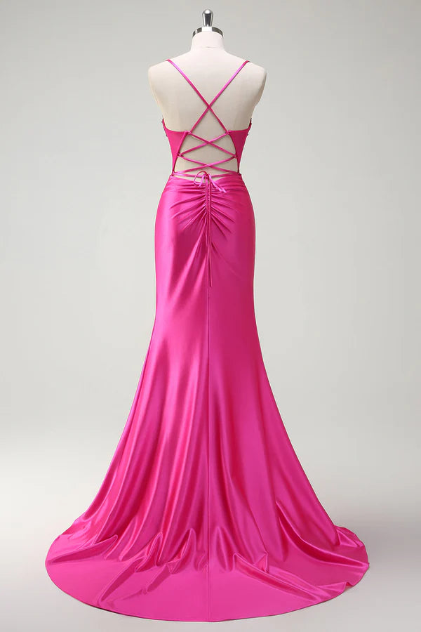 Sparkly Fuchsia Mermaid Spaghetti Straps Beaded Corset Satin Long Prom Dress with Slit simple gentle atmospheric and unique desi Bring summer colors to enhance whiteness