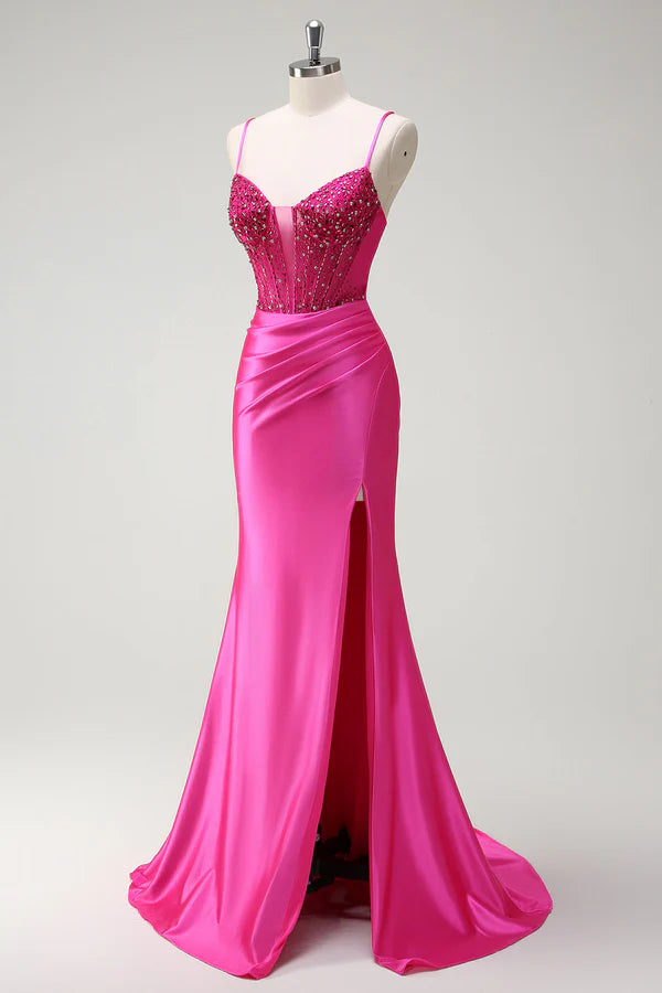 Sparkly Fuchsia Mermaid Spaghetti Straps Beaded Corset Satin Long Prom Dress with Slit simple gentle atmospheric and unique desi Bring summer colors to enhance whiteness