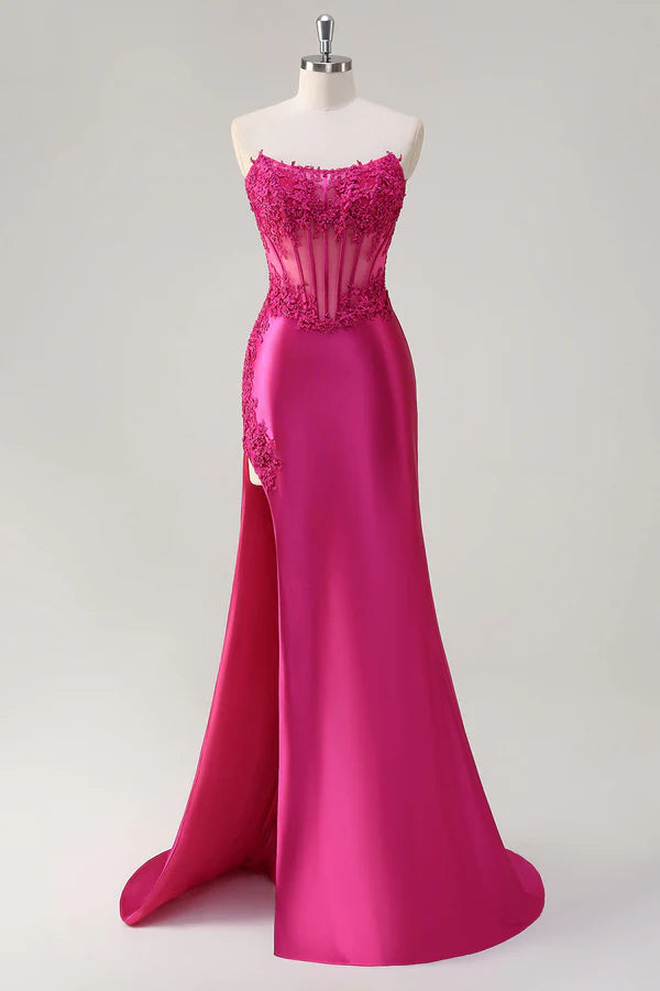 Sparkly Fuchsia Mermaid Strapless Corset Appliques Long Prom Dress with Slit simple gentle atmospheric and unique desi