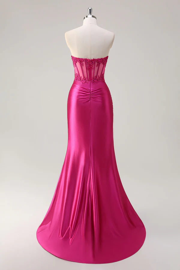 Sparkly Fuchsia Mermaid Strapless Corset Appliques Long Prom Dress with Slit simple gentle atmospheric and unique desi
