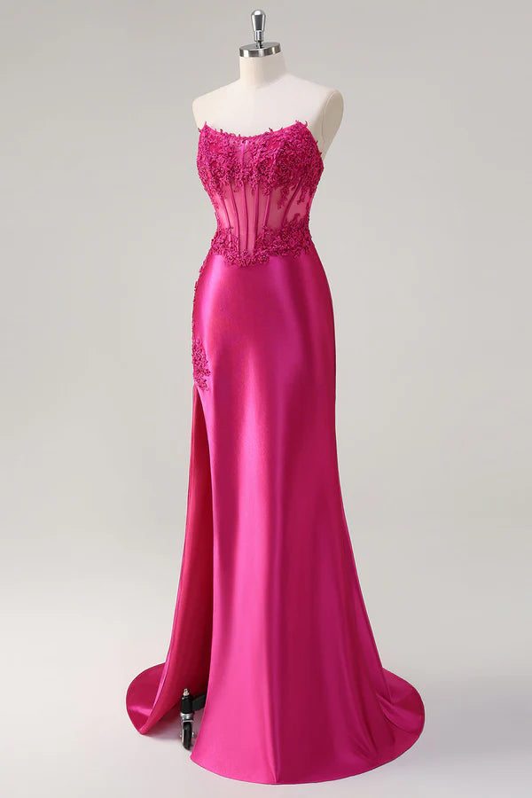 Sparkly Fuchsia Mermaid Strapless Corset Appliques Long Prom Dress with Slit simple gentle atmospheric and unique desi