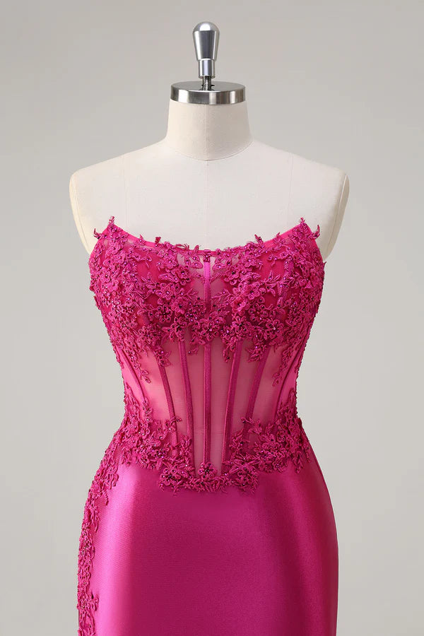 Sparkly Fuchsia Mermaid Strapless Corset Appliques Long Prom Dress with Slit simple gentle atmospheric and unique desi