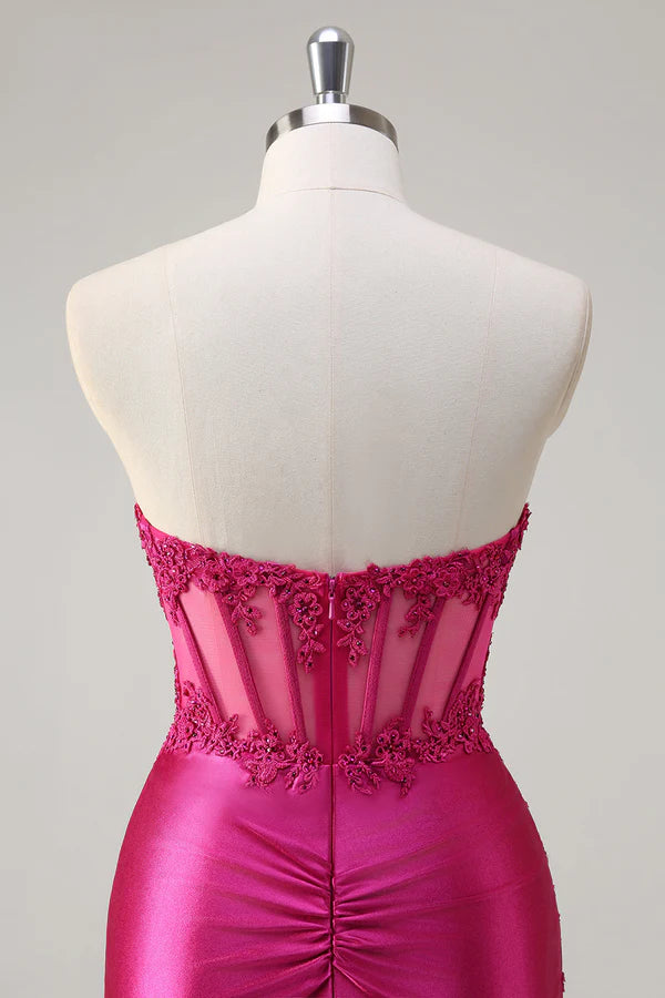Sparkly Fuchsia Mermaid Strapless Corset Appliques Long Prom Dress with Slit simple gentle atmospheric and unique desi