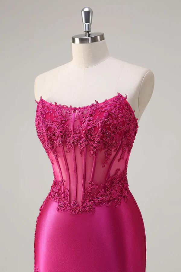 Sparkly Fuchsia Mermaid Strapless Corset Appliques Long Prom Dress with Slit simple gentle atmospheric and unique desi