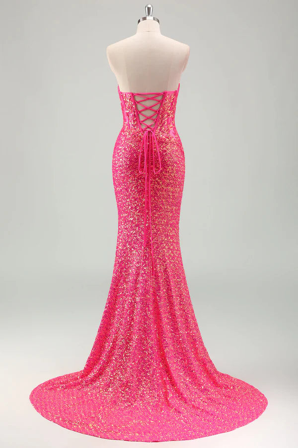 Sparkly Fuchsia Mermaid Strapless Corset Sequins Long Prom Dress with Slit simple gentle atmospheric and unique desi