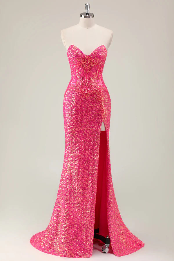 Sparkly Fuchsia Mermaid Strapless Long Prom Dress with Slit simple gentle atmospheric and unique desi