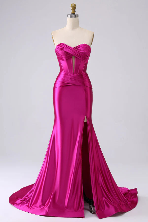 Sparkly Fuchsia Mermaid Sweetheart Corset Long Prom Dress with Slit Split Front spheric and unique desigentle atmospheric and unique desi