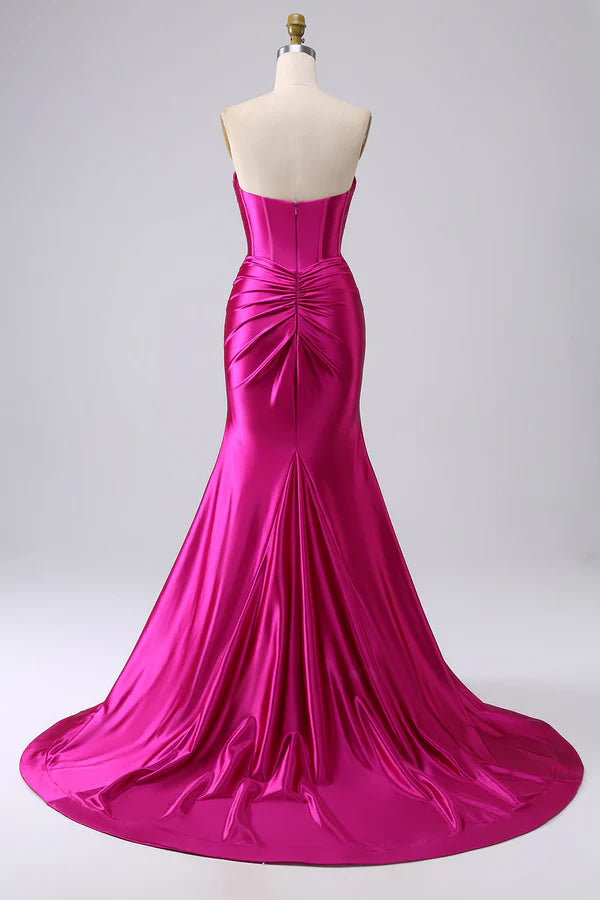 Sparkly Fuchsia Mermaid Sweetheart Corset Long Prom Dress with Slit Split Front spheric and unique desigentle atmospheric and unique desi