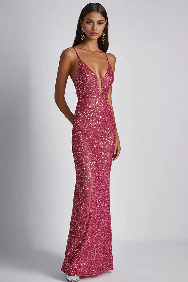 Sparkly Fuchsia Sheath Spaghetti Straps Long Formal Dress with Sequins simple gentle atmospheric and unique desi Bring summer colors to enhance whiteness