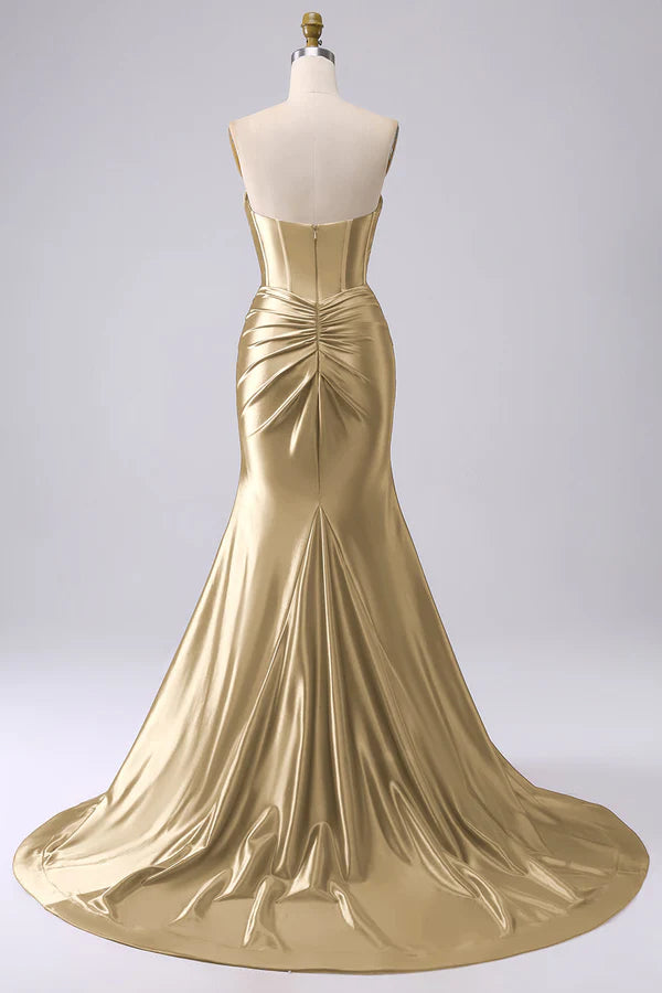 Sparkly Gold Mermaid Sweetheart Corset Long Prom Dress with Slit