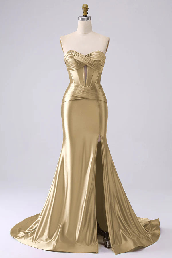 Sparkly Gold Mermaid Sweetheart Corset Long Prom Dress with Slit