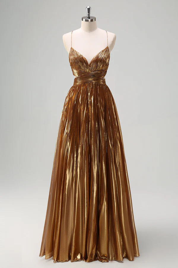 Sparkly Golden A-Line Spaghetti Straps Cut Out Ruched Metallic Long Prom Dress simple gentle atmospheric and unique desi