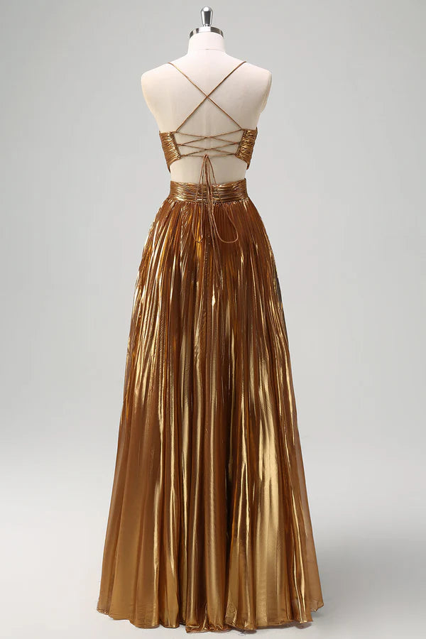 Sparkly Golden A-Line Spaghetti Straps Cut Out Ruched Metallic Long Prom Dress simple gentle atmospheric and unique desi