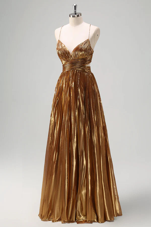 Sparkly Golden A-Line Spaghetti Straps Cut Out Ruched Metallic Long Prom Dress simple gentle atmospheric and unique desi