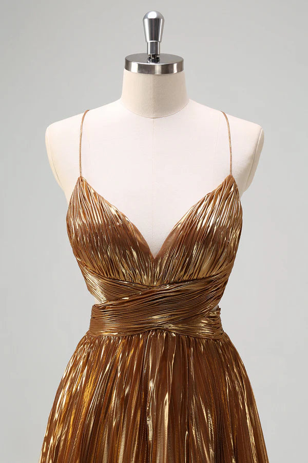 Sparkly Golden A-Line Spaghetti Straps Cut Out Ruched Metallic Long Prom Dress simple gentle atmospheric and unique desi