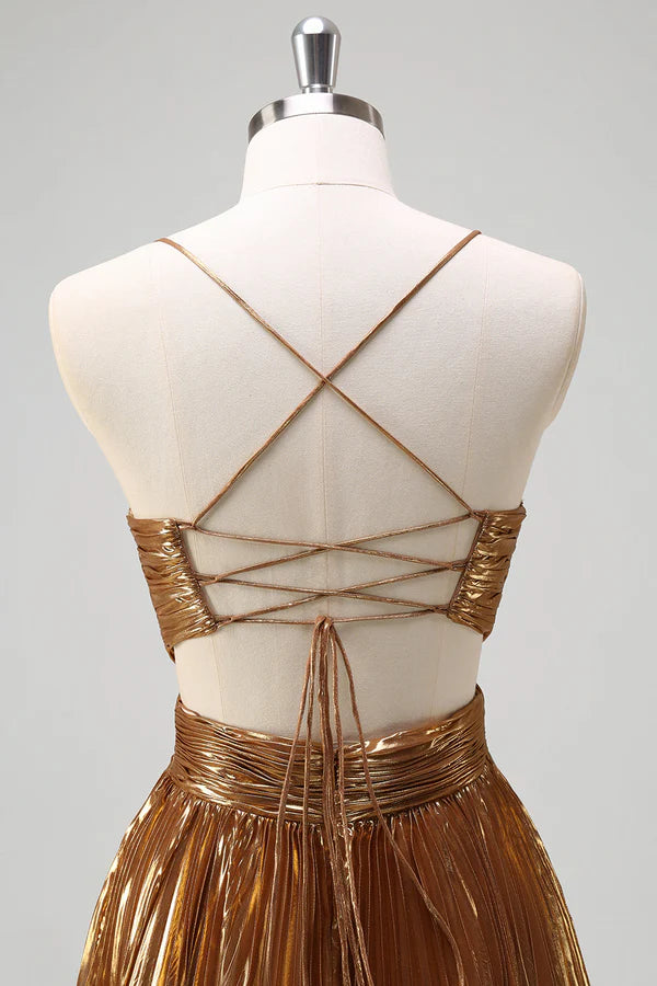 Sparkly Golden A-Line Spaghetti Straps Cut Out Ruched Metallic Long Prom Dress simple gentle atmospheric and unique desi