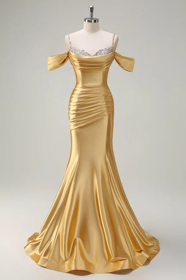 Sparkly Golden Mermaid Cold Shoulder Sequined Ruched Satin Long Prom Dress simple gentle atmospheric and unique desi