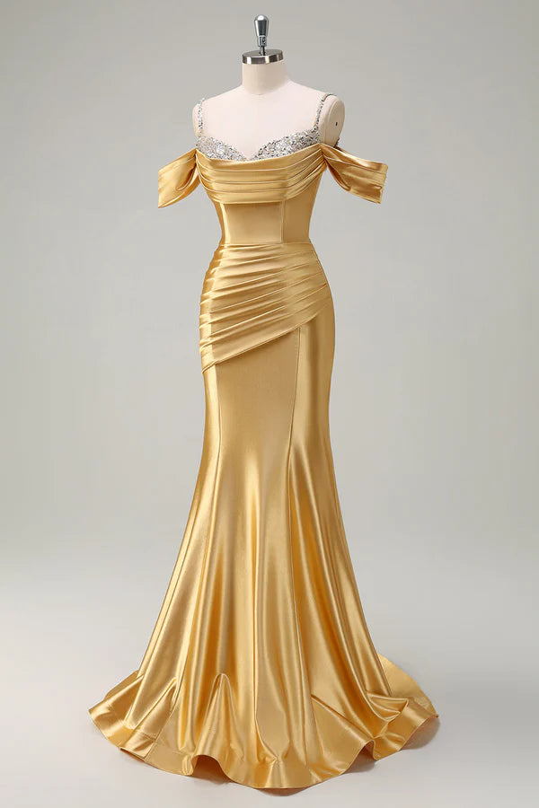 Sparkly Golden Mermaid Cold Shoulder Sequined Ruched Satin Long Prom Dress simple gentle atmospheric and unique desi