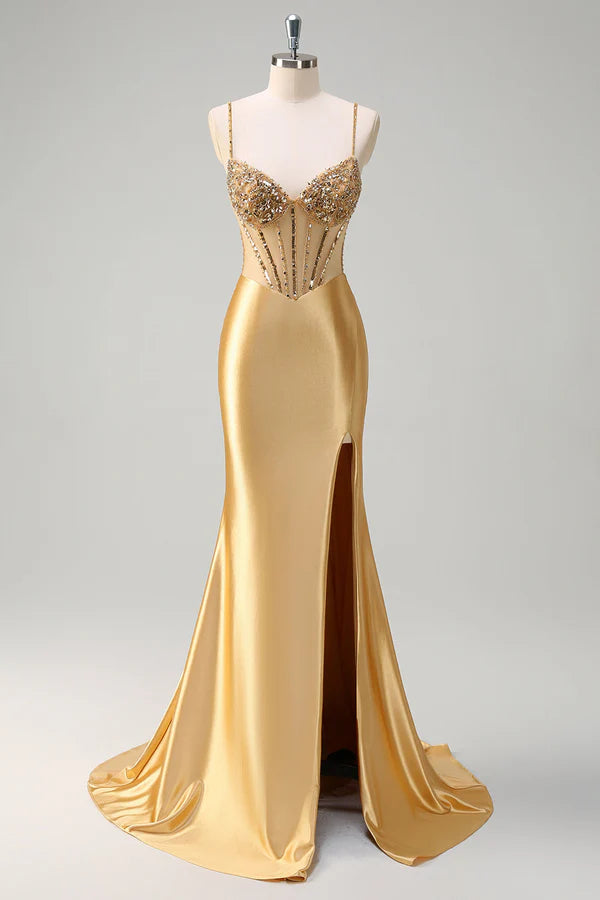 Sparkly Golden Mermaid Spaghetti Straps Corset Long Prom Dress with Slit simple gentle atmospheric and unique desi
