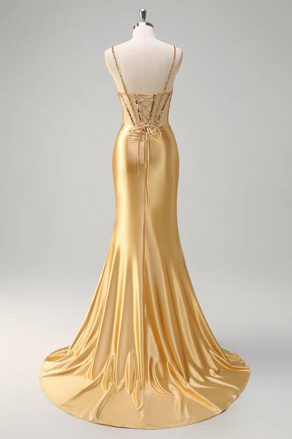 Sparkly Golden Mermaid Spaghetti Straps Corset Long Prom Dress with Slit simple gentle atmospheric and unique desi