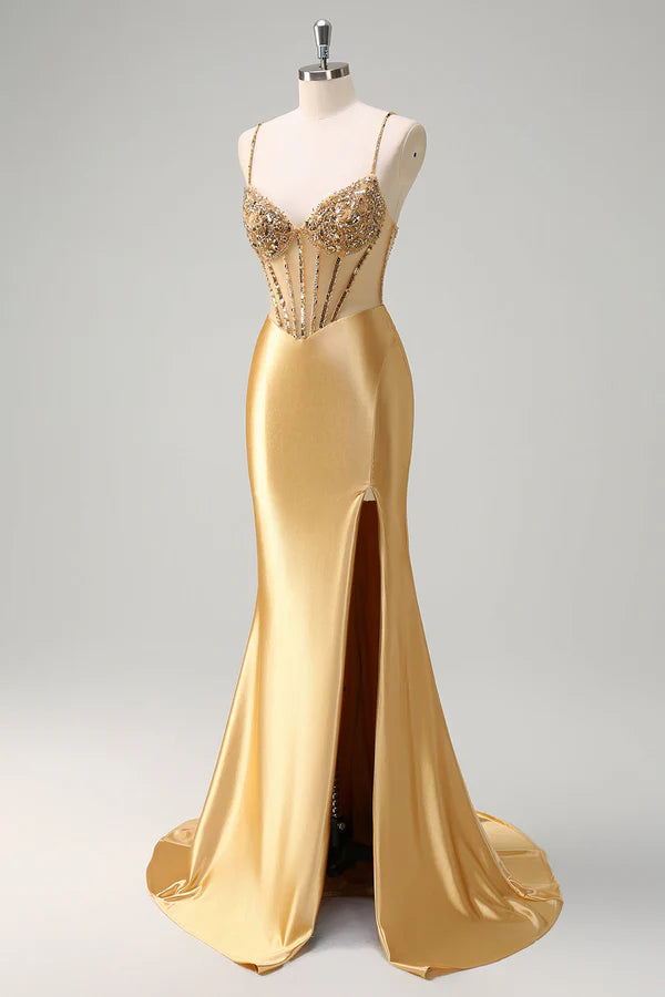 Sparkly Golden Mermaid Spaghetti Straps Corset Long Prom Dress with Slit simple gentle atmospheric and unique desi