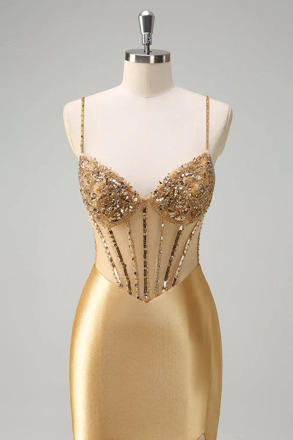 Sparkly Golden Mermaid Spaghetti Straps Corset Long Prom Dress with Slit simple gentle atmospheric and unique desi