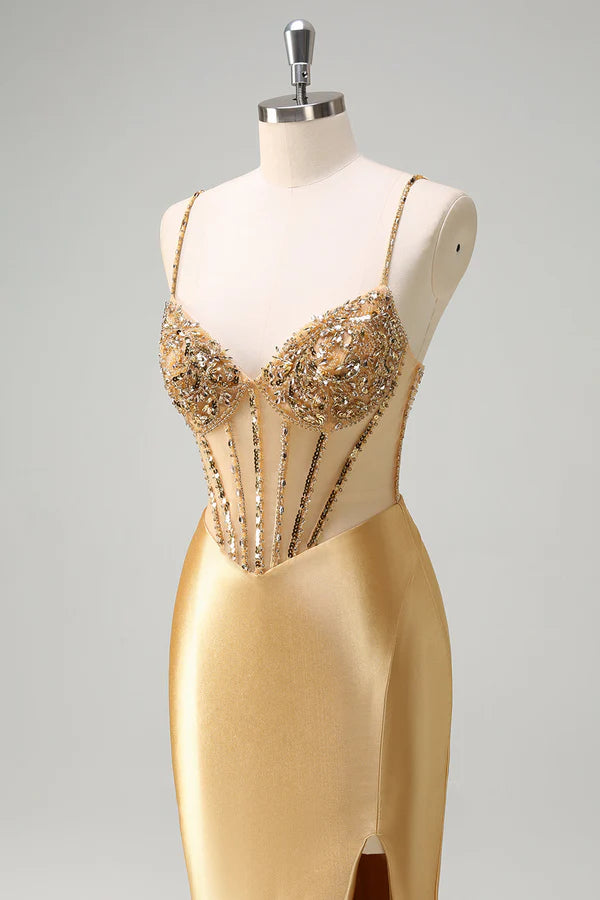 Sparkly Golden Mermaid Spaghetti Straps Corset Long Prom Dress with Slit simple gentle atmospheric and unique desi