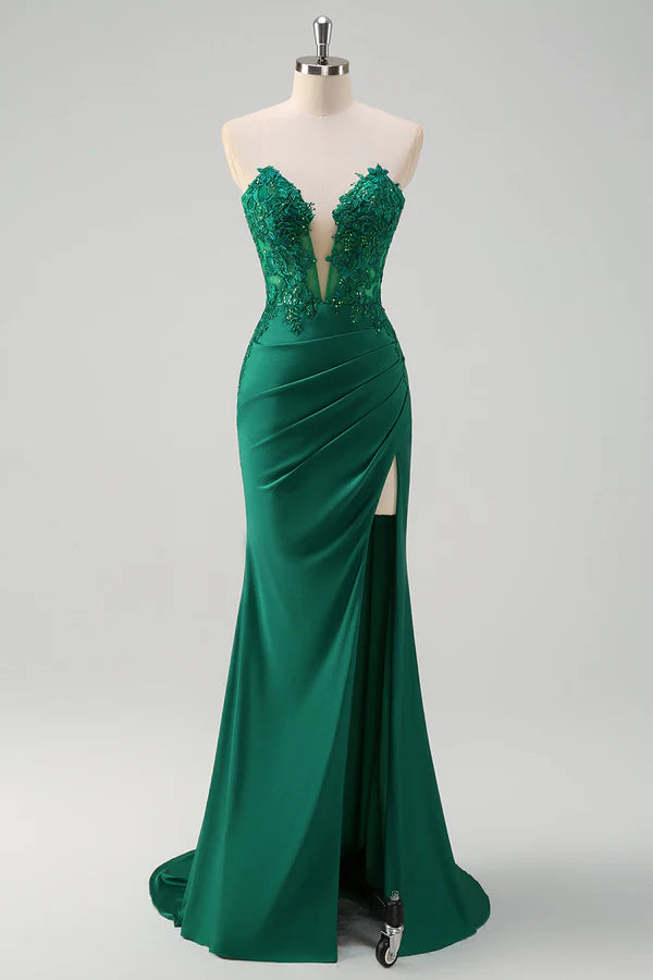 Sparkly Green Mermaid Strapless Corset Long Prom Dress with Slit simple gentle atmospheric and unique desi