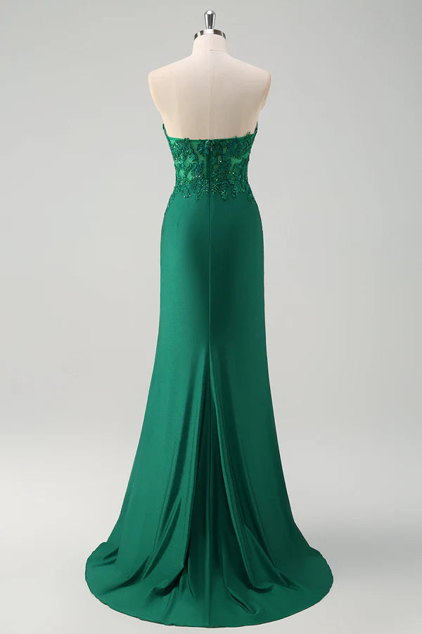 Sparkly Green Mermaid Strapless Corset Long Prom Dress with Slit simple gentle atmospheric and unique desi