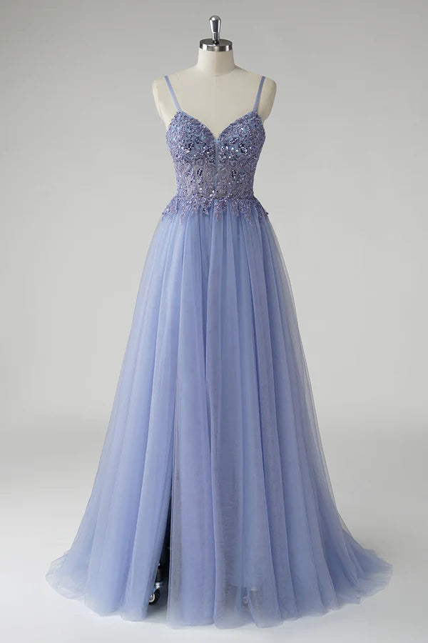 Sparkly Grey Blue A Line Tulle Prom Dress with Slit simple gentle atmospheric and unique desi Bring summer colors to enhance whiteness
