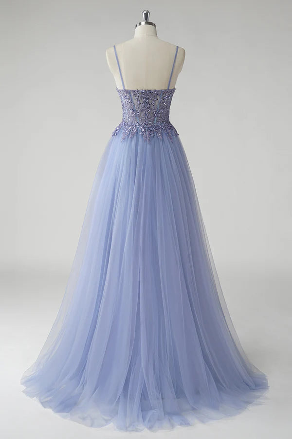Sparkly Grey Blue A Line Tulle Prom Dress with Slit simple gentle atmospheric and unique desi Bring summer colors to enhance whiteness