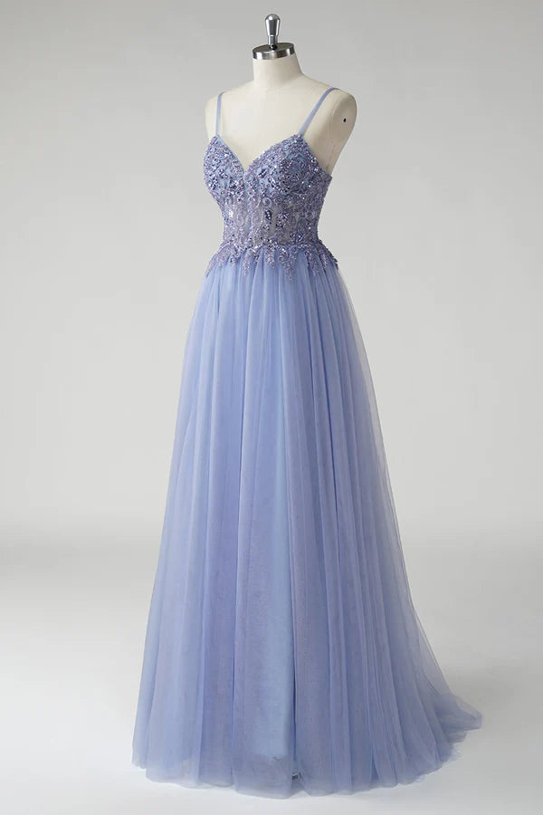 Sparkly Grey Blue A Line Tulle Prom Dress with Slit simple gentle atmospheric and unique desi Bring summer colors to enhance whiteness