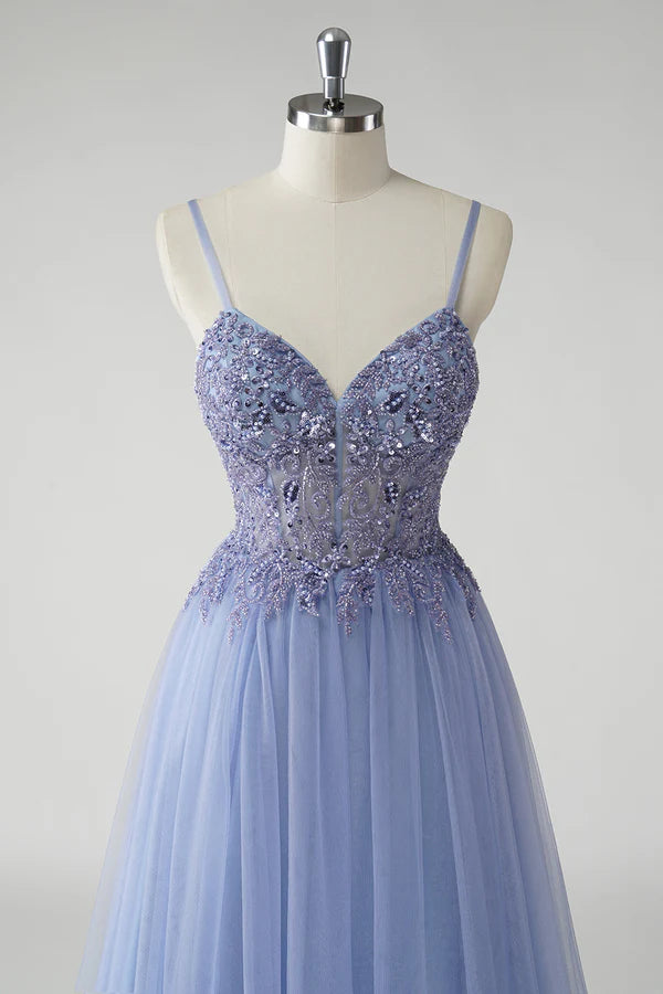 Sparkly Grey Blue A Line Tulle Prom Dress with Slit simple gentle atmospheric and unique desi Bring summer colors to enhance whiteness