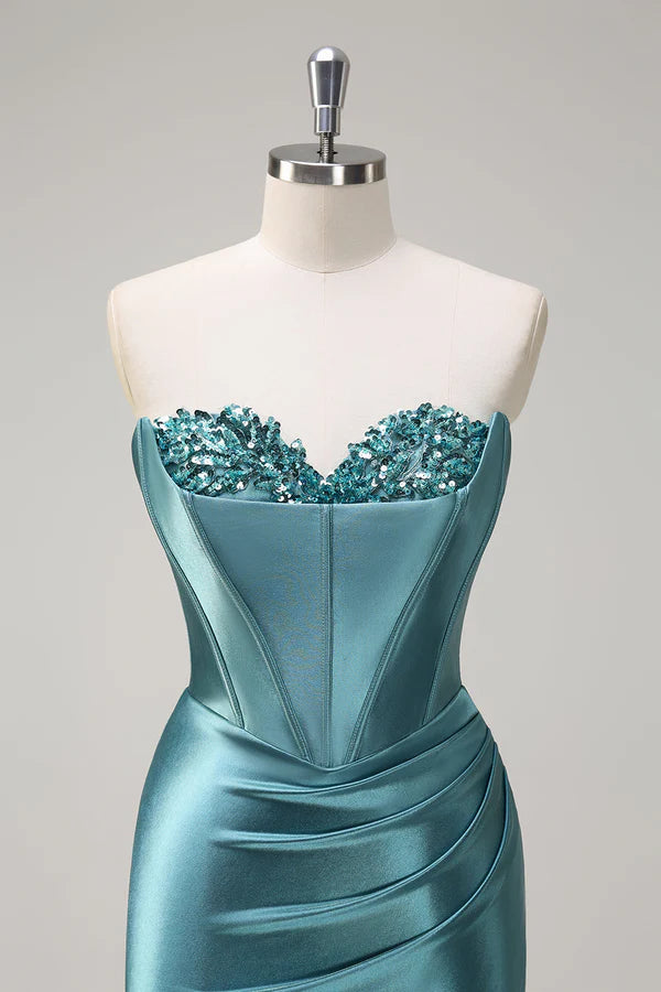 Sparkly Grey Green Mermaid Sequin Strapless Corset Satin Prom Dress with Slit simple gentle atmospheric and unique desi