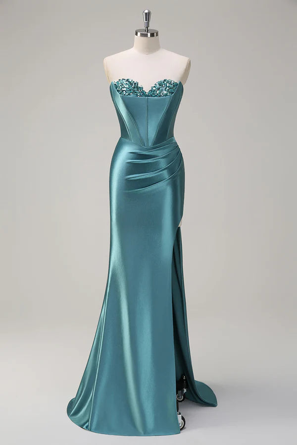 Sparkly Grey Green Mermaid Sequin Strapless Corset Satin Prom Dress with Slit simple gentle atmospheric and unique desi