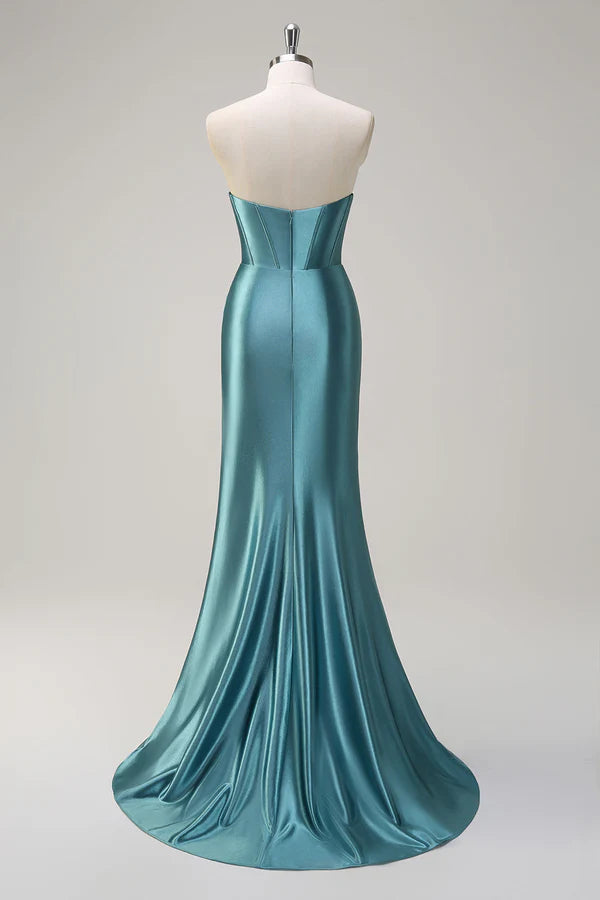 Sparkly Grey Green Mermaid Sequin Strapless Corset Satin Prom Dress with Slit simple gentle atmospheric and unique desi