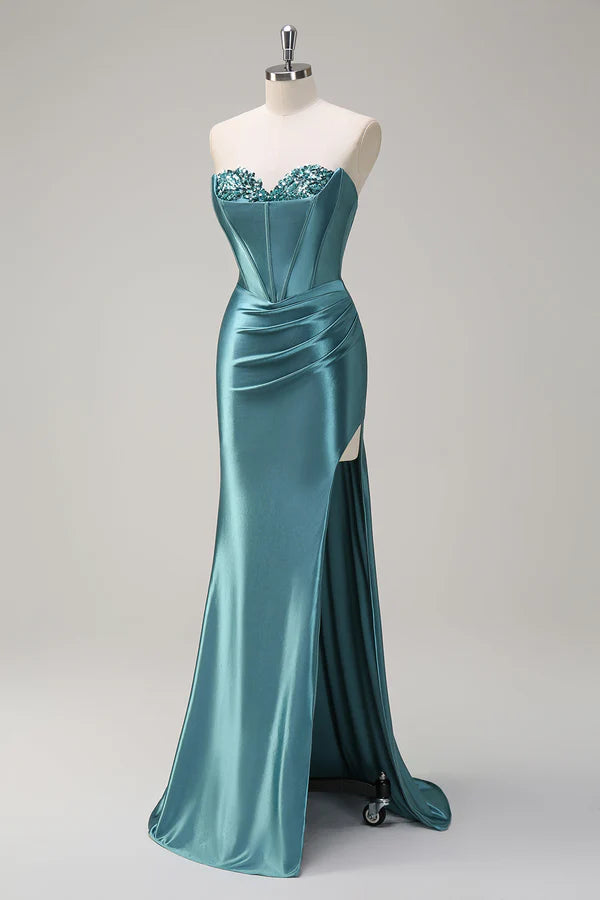 Sparkly Grey Green Mermaid Sequin Strapless Corset Satin Prom Dress with Slit simple gentle atmospheric and unique desi