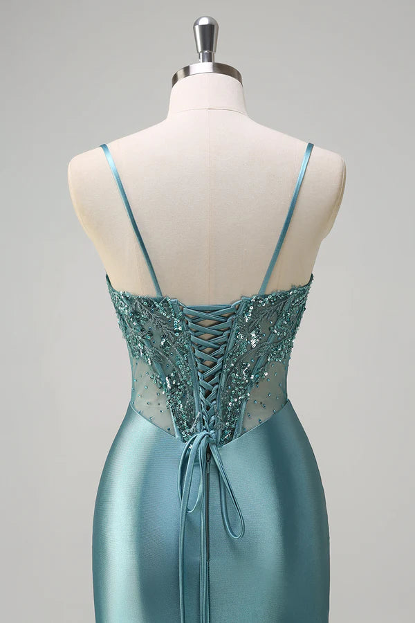 Sparkly Grey Green Mermaid Spaghetti Straps Corset Long Prom Dress with Slit simple gentle atmospheric and unique desi