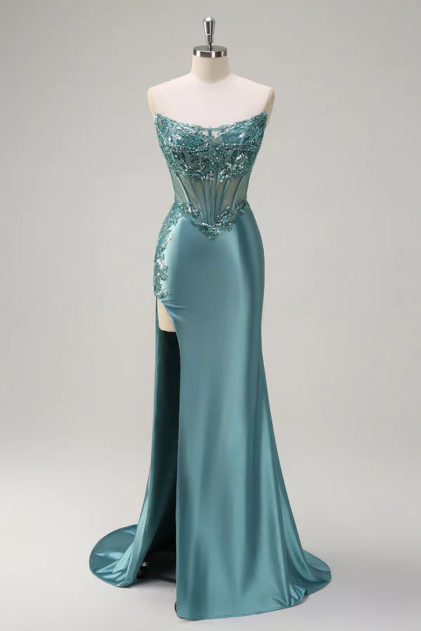 Sparkly Grey Green Mermaid Strapless Corset Appliques Satin Long Prom Dress with Slit simple gentle atmospheric and unique desi