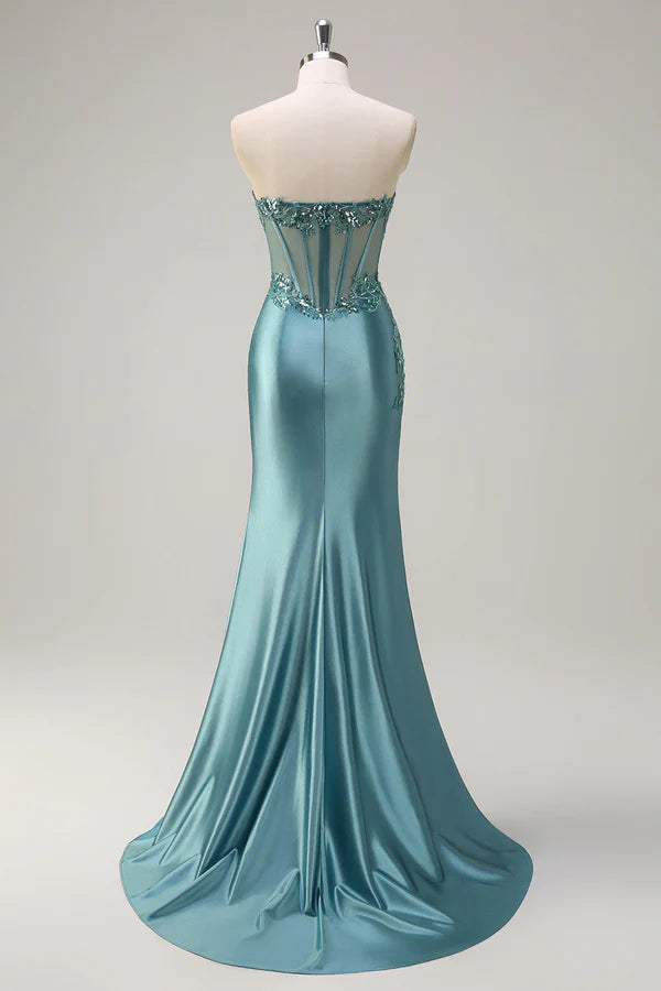 Sparkly Grey Green Mermaid Strapless Corset Appliques Satin Long Prom Dress with Slit simple gentle atmospheric and unique desi