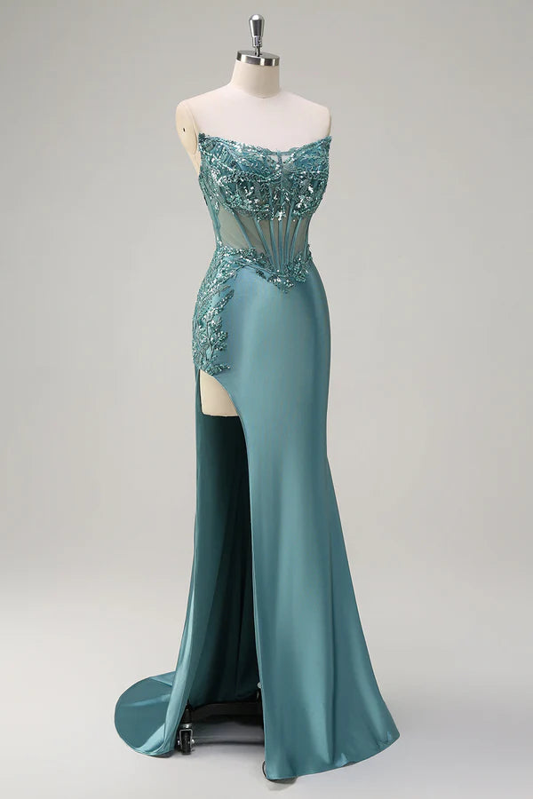 Sparkly Grey Green Mermaid Strapless Corset Appliques Satin Long Prom Dress with Slit simple gentle atmospheric and unique desi