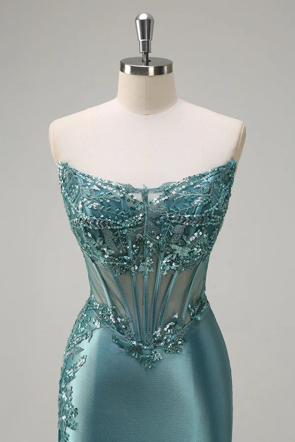 Sparkly Grey Green Mermaid Strapless Corset Appliques Satin Long Prom Dress with Slit simple gentle atmospheric and unique desi