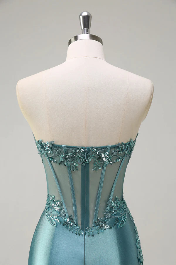 Sparkly Grey Green Mermaid Strapless Corset Appliques Satin Long Prom Dress with Slit simple gentle atmospheric and unique desi