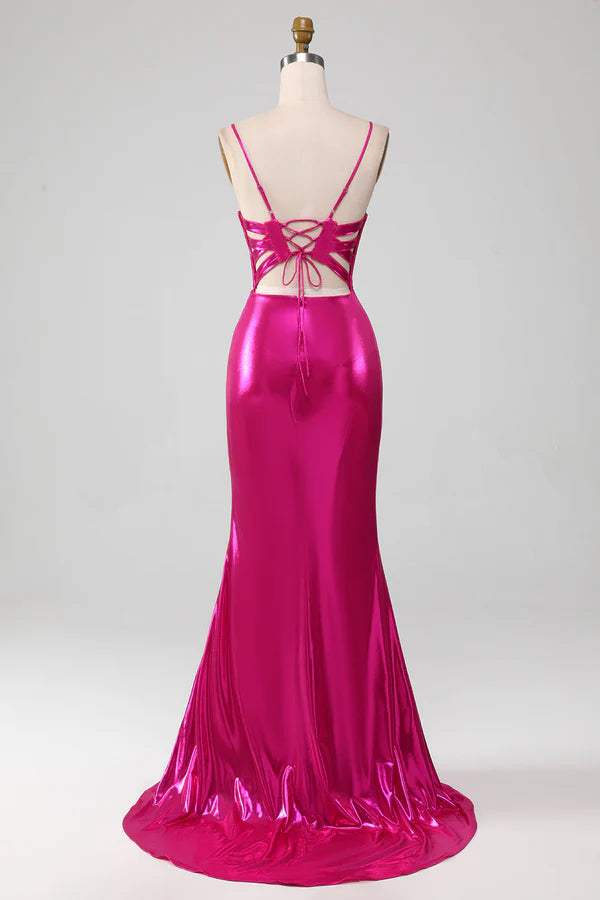 Sparkly Hot Pink Mermaid Simple Prom Dress With Slit simple gentle atmospheric and unique desi
