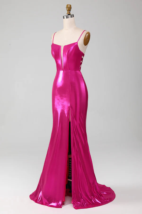 Sparkly Hot Pink Mermaid Simple Prom Dress With Slit simple gentle atmospheric and unique desi