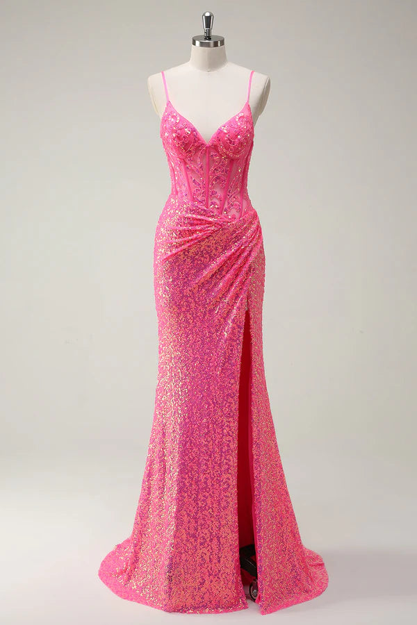 Sparkly Hot Pink Sequin Corset Mermaid Prom Dress with Slit simple gentle atmospheric and unique desi